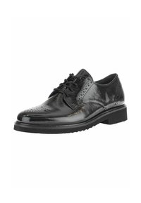 Chaussure à lacets en cuir verni noir avec un bout arrondi, perforations détaillées sur le dessus et une semelle en caoutchouc texturée.