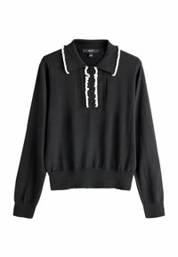 Sort langærmet top med krave, der har hvid kant, knaplukning foran, ribbede manchetter og en samlet talje. Letvægtsstof.