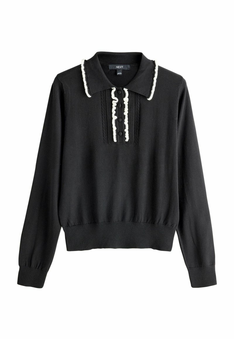 Sort langærmet top med krave, der har hvid kant, knaplukning foran, ribbede manchetter og en samlet talje. Letvægtsstof.