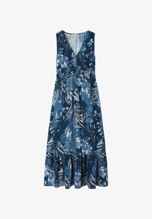 Bezramienkov dress s výstrihom do V v modrom materiáli s tropickým listovým vzorom. Obsahuje nariasený pás a volánový lem pre vzdušný dizajn.