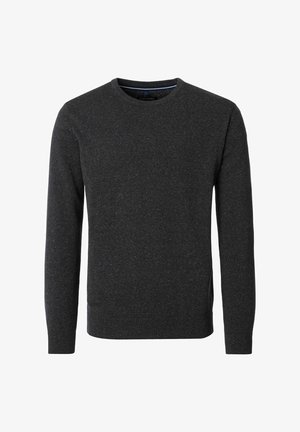 Ciemnoszary sweter z okrągłym dekoltem i długimi rękawami. Posiada prążkowany dół i mankiety, wykonany z teksturowanej dzianiny.