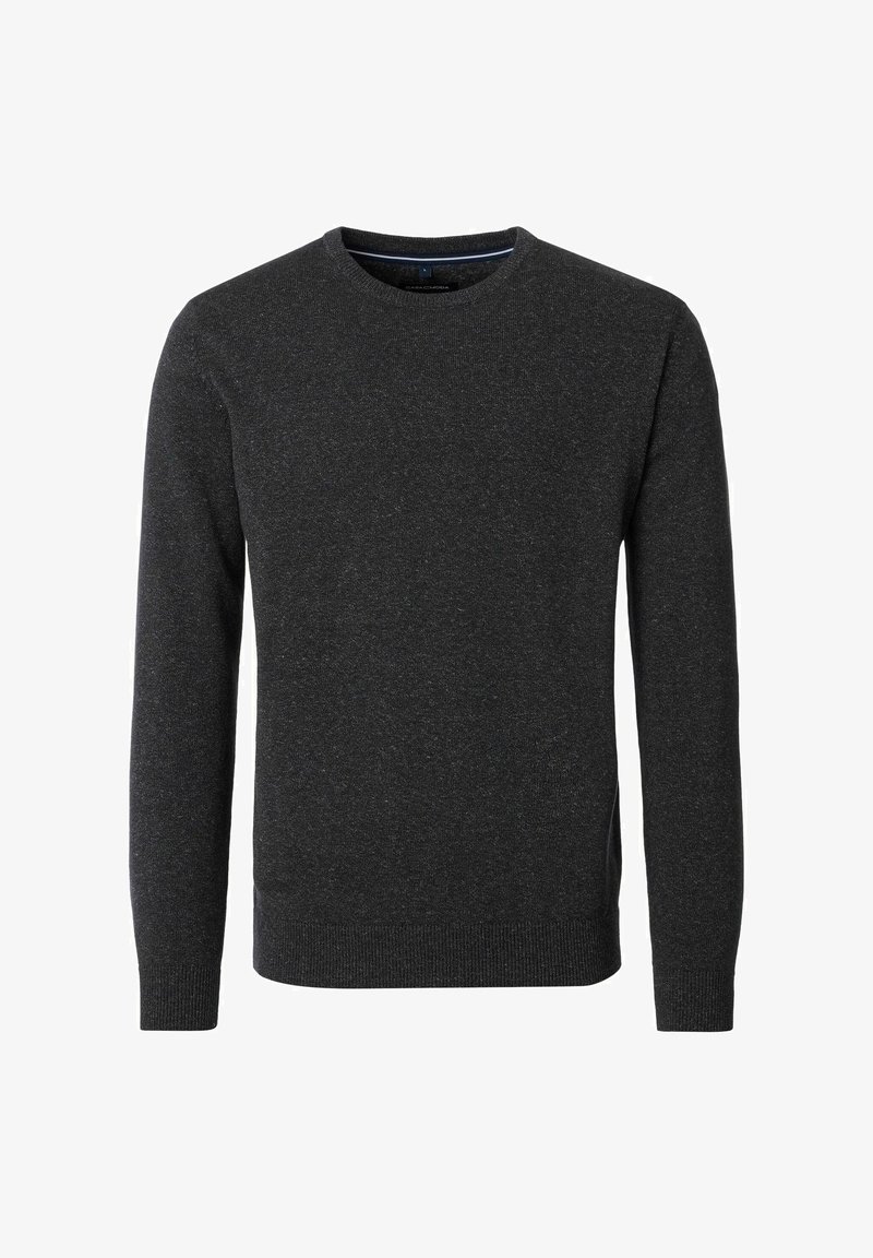 Ciemnoszary sweter z okrągłym dekoltem i długimi rękawami. Posiada prążkowany dół i mankiety, wykonany z teksturowanej dzianiny.