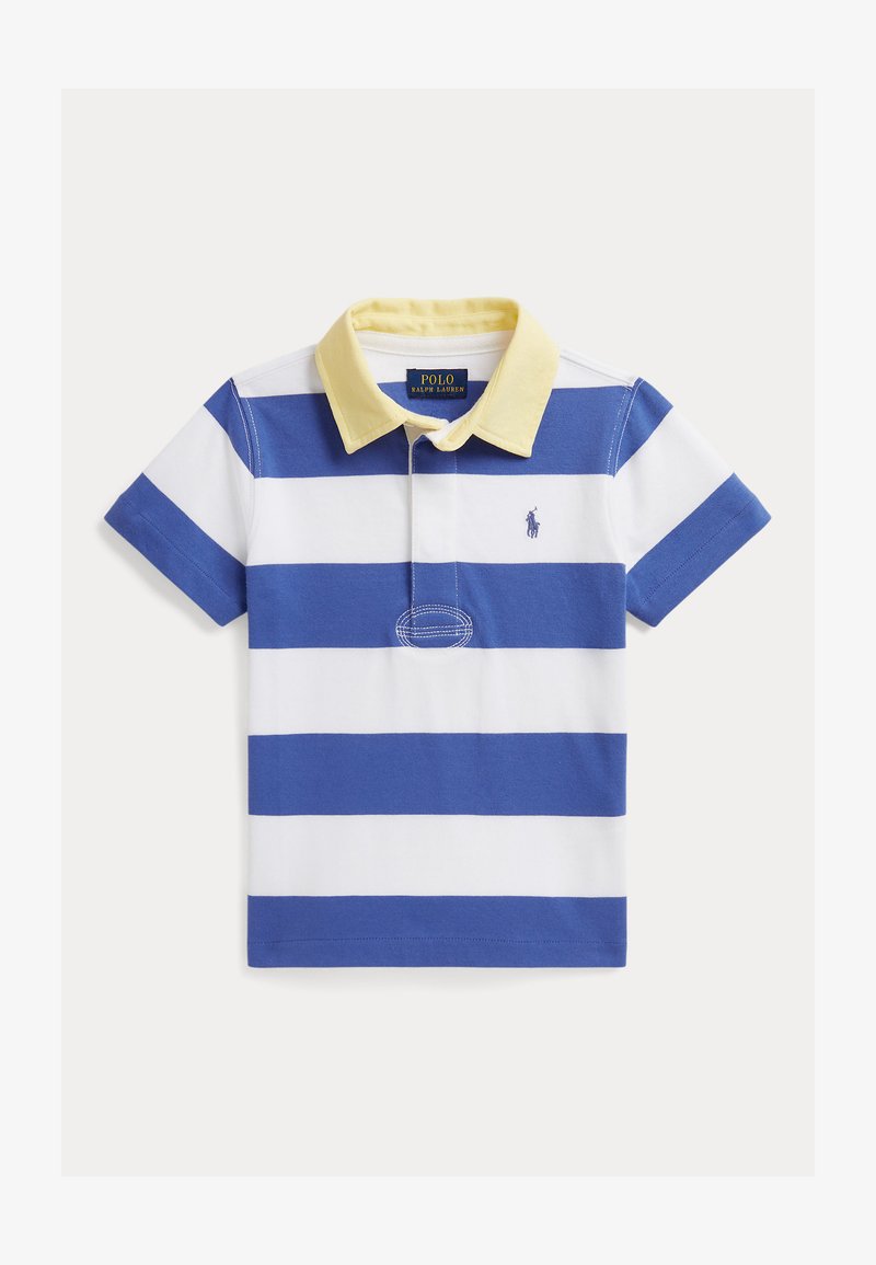 Polo rayé bleu et blanc avec un col jaune, comportant un petit logo brodé, manches courtes et ourlet droit.