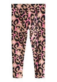 Leopardenmuster Leggings in Beige, mit schwarzen Flecken, pinken Akzenten und Sternmustern. Hergestellt aus einem weichen, dehnbaren Stoff.