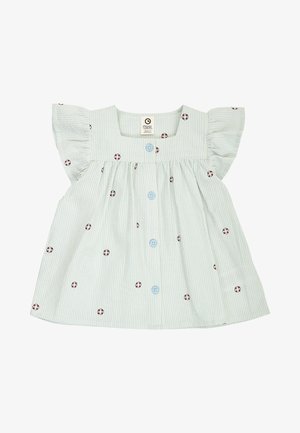 Jasnoniebieska i biała pasiasta sukienka dla niemowląt z falbankowymi rękawami, centralnymi guzikami oraz małymi czerwonymi wzorami koła ratunkowego.