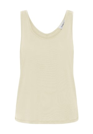 Brezrokavnik kremne barve z okroglim izrezom, vidnimi šivi in majhno oznako blagovne znamke znotraj blizu ramena.