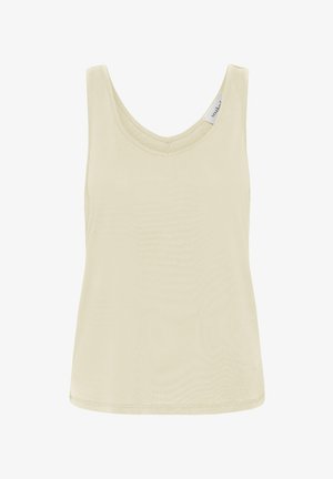 Brezrokavnik kremne barve z okroglim izrezom, vidnimi šivi in majhno oznako blagovne znamke znotraj blizu ramena.