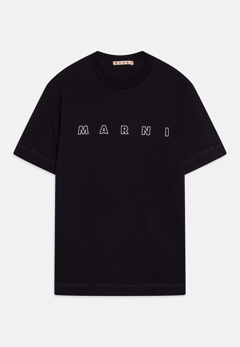Black cotton t-shirt featuring the brand name "MARNI" in bold white letters across the front. Short sleeves and standard fit.