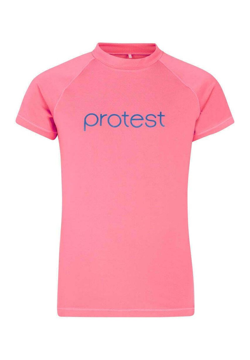 Rosa shirt met korte mouwen van rekbare stof, voorzien van een ronde halslijn en een blauwe "protest" tekstlogo op de voorkant.