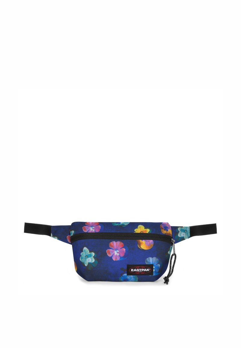 Marsupio floreale con sfondo blu scuro, caratterizzato da fiori vibranti nei toni del rosa, giallo e turchese. Comprende una cerniera e una tracolla regolabile.