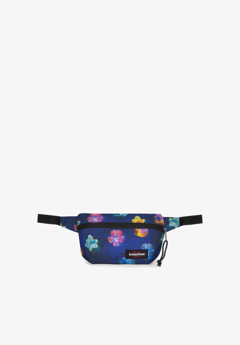 Květinová ledvinka s tmavě modrým pozadím, zdobená živými květinami v růžové, žluté a tyrkysové barvě. Obsahuje zip a nastavitelný popruh.