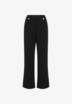 Black wide-leg trousers with a smooth texture, featuring a high waist, two gold-tone buttons, and a tailored design. No visible pockets.