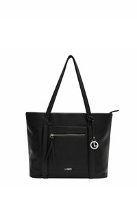 Borsa a tracolla in pelle nera con un esterno texture, una tasca frontale con zip e un accento con portachiavi con un dettaglio circolare.