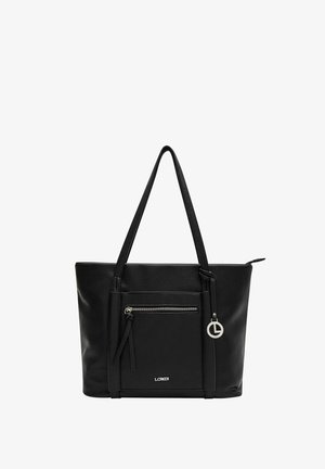 Borsa a tracolla in pelle nera con un esterno texture, una tasca frontale con zip e un accento con portachiavi con un dettaglio circolare.