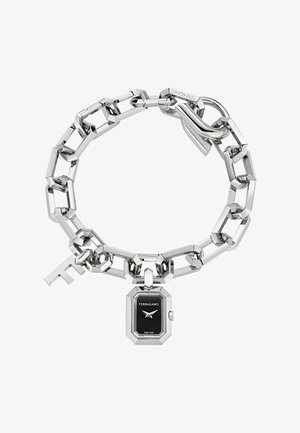 Silver chain bracelet watch featuring an octagonal black dial, white hands, and a key accent, highlighting a sleek, modern design.