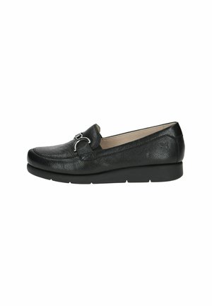 Black leather loafers with textured finish, featuring a metal hardware accent on the vamp and a low, sturdy rubber sole.