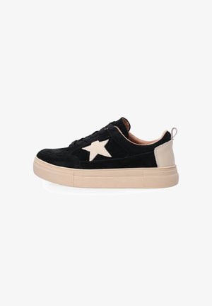 Black suede sneaker featuring a cream star design, lace-up style, beige rubber sole, and a textured back accent.