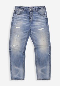 Verblasste blaue Jeans im Used-Look mit Vordertaschen, Reißverschluss und Knopfverschluss, mit abgenutzten und zerrissenen Details an Oberschenkeln und Knien.
