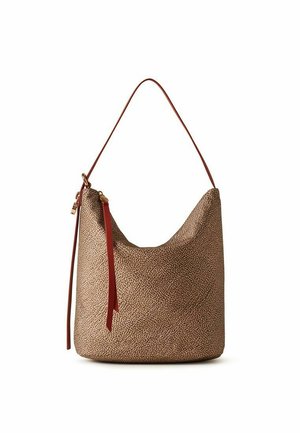 Brown textured bucket bag with a single shoulder strap and a narrow decorative leather tassel hanging from the top side.