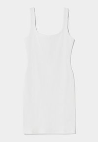 Robe débardeur blanche à côtes avec une silhouette ajustée, décolleté carré et sans embellissements. Texture lisse et design sans manches.