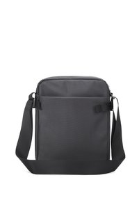 Borsa a tracolla nera realizzata in tessuto morbido, con chiusura a zip, tracolla regolabile e tasca frontale per ulteriore spazio di archiviazione.