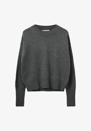 Tumehall soe kootud sviiter ribatud ümmarguse kaelusega ja äärtega. Omab langevaid õlgu ja mugavat lõike. Pehme tekstuur, ei ole nähtavaid mustreid.