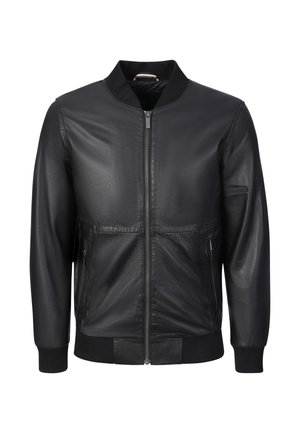 Schwarze Leder-Bomberjacke mit Frontreißverschluss, geripptem Kragen, Bündchen und Saum, mit zwei seitlichen Reißverschlusstaschen.