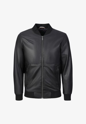 Schwarze Leder-Bomberjacke mit Frontreißverschluss, geripptem Kragen, Bündchen und Saum, mit zwei seitlichen Reißverschlusstaschen.