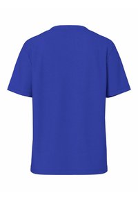 T-shirt bleu uni à manches courtes vu de dos avec un col rond et un ourlet droit.
