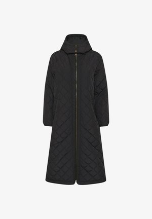 Mustat tikatut pitkät takki, jossa on korkea kaulus, edessä vetoketju ja sivutaskut. Rakenteellinen kuvio ja sileä pinta.