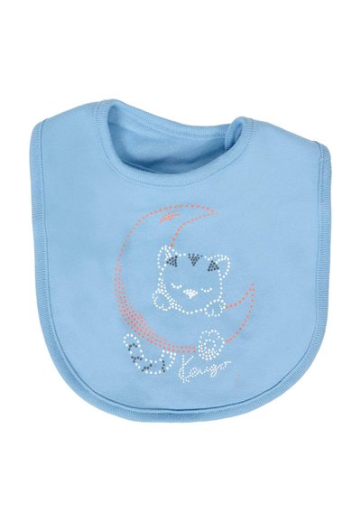 Bavaglino per neonato di colore azzurro chiaro con un design a pois che raffigura un gatto addormentato su una luna crescente.