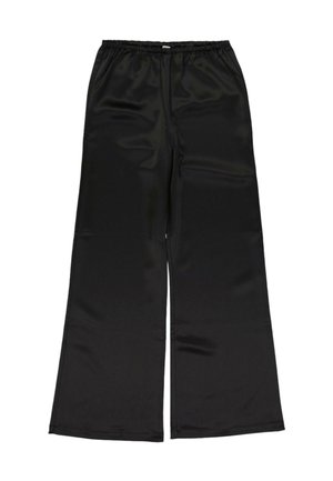 Pantalon noir à jambes larges avec une taille élastique, en tissu lisse et brillant.