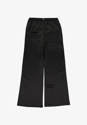 Pantalon noir à jambes larges avec une taille élastique, en tissu lisse et brillant.