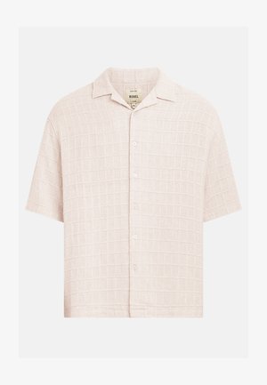 Lühikeste varrukatega beež särk, millel on tekstuuriga ruuduline muster, ees nööpidega ja lai krae, sees kaeluse juures silt "Rebel".