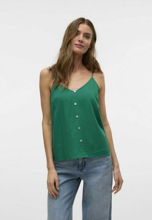 Top verde senza maniche con scollatura a V, caratterizzato da cinque bottoni decorativi sul davanti. Realizzato in un tessuto liscio, ha una vestibilità rilassata.