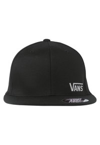 Black baseball cap with a flat brim and embroidered "Vans" logo in white on the front. Made of fabric with a smooth texture.