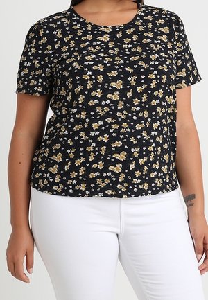 Czarna koszulka z krótkim rękawem, ozdobiona kwiatowym wzorem w białym i żółtym kolorze. Wykonana z miękkiego materiału, z okrągłym dekoltem i luźnym krojem.