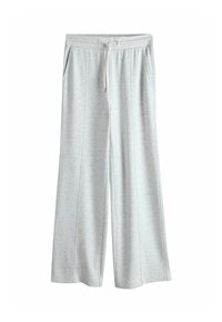 Vaaleanharmaat leveälahkeiset housut, pehmeästä kankaasta, joissa on kiristysnauhavyötärö ja kaksi sivutaskua sekä hienovaraiset pystysuuntaiset saumauskoristeet.