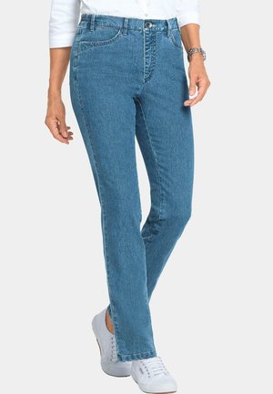 Lichtblauwe denim jeans met rechte pijpen, voorzien van een knoop- en ritssluiting, voorzakken en zichtbare stikseldetails.
