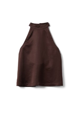 Sleeveless dark brown halter neck top with a high collar and smooth fabric laid flat on a white background.