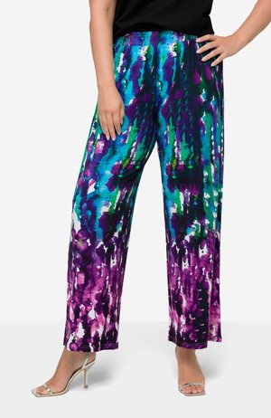 Pantalones de pierna ancha coloridos y ligeros con un patrón de tie-dye en tonos de púrpura, azul, verde y blanco. Cintura elástica para mayor comodidad.