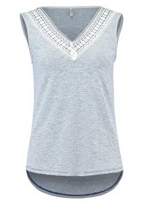 Bez rękawów niebieski top w pasy z dekoltem w kształcie V i białą koronką. Miękka tkanina z zaokrąglonym dołem i detalem z tyłu.