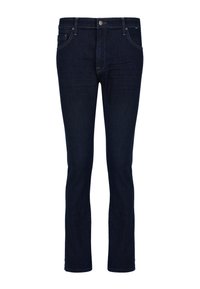 Dunkelblaue Jeans mit geradem Schnitt, klassischem Five-Pocket-Design, Metallknopfverschluss und dezenten Ziernähten.