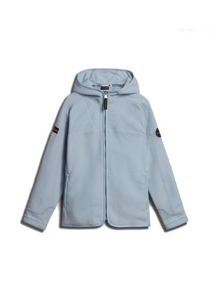Veste en polaire bleu clair avec capuche, fermeture éclair intégrale à l'avant, poches latérales et écussons de marque sur les deux manches.