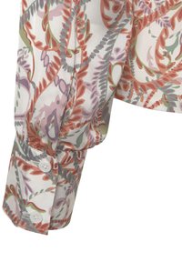 Camisa de manga larga con un patrón floral en colores pastel, que cuenta con un puño con dos botones blancos y una tela suave y ligera.