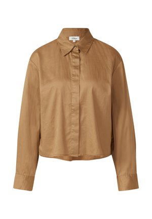 Pruun, lühikeste varrukatega nööbitav särk, millel on krae, pikad varrukad ja õrn sära, valmistatud siledast kangast, millel on lõdvestunud lõige.