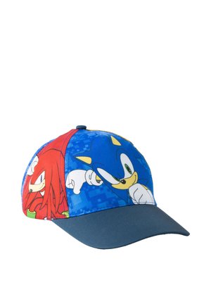Blue and red baseball cap featuring Sonic the Hedgehog and Knuckles characters on the front panels, with a dark blue brim.