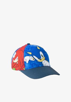 Cappellino da baseball blu e rosso con i personaggi Sonic the Hedgehog e Knuckles sui pannelli frontali, con una visiera blu scuro.