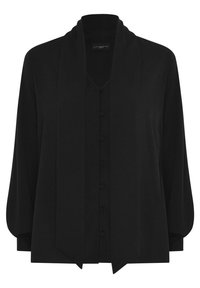 Blusa leggera nera con colletto a scialle, maniche lunghe, chiusura con bottoni e vestibilità ampia. Tessuto liscio senza motivi o dettagli visibili.