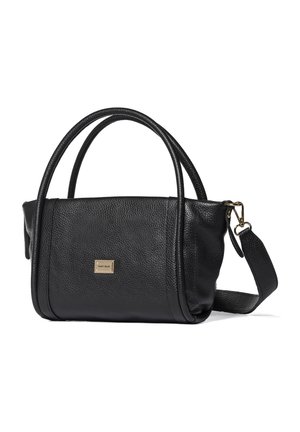 Schwarze strukturierte Lederhandtasche mit doppelten Griffen, abnehmbarem Schulterriemen und kleiner goldener Markenplakette vorne.